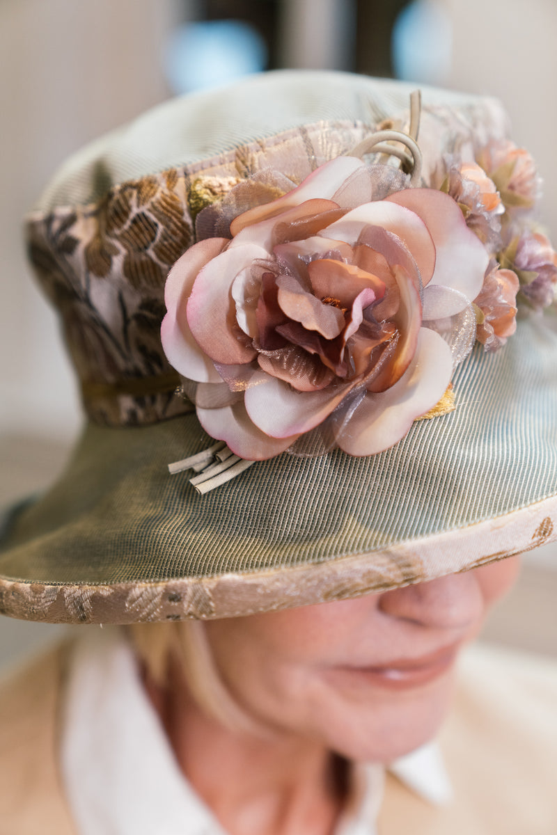 Vintage Fabric Natural Olive Floral Hat with Silk Flower