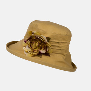 Linen, Packable Sun Hat with Silk Flower