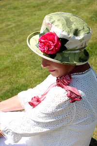 Vintage Fabric Small Boned Brim Hat with Pink Flower