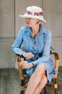 Stylish Cream Cotton Wide Brim Hat with Floral Band Finished a Wooden Buckle Ring.