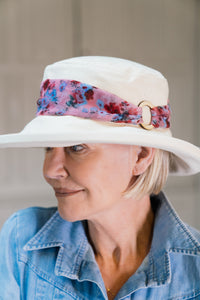 Stylish Cream Cotton Wide Brim Hat with Floral Band Finished a Wooden Buckle Ring.