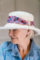 Stylish Cream Cotton Wide Brim Hat with Floral Band Finished a Wooden Buckle Ring.