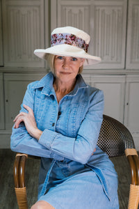 Stylish Cream Cotton Wide Brim Hat with Floral Band Finished a Wooden Buckle Ring.