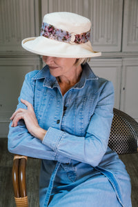 Stylish Cream Cotton Wide Brim Hat with Floral Band Finished a Wooden Buckle Ring.