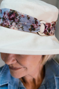 Stylish Cream Cotton Wide Brim Hat with Floral Band Finished a Wooden Buckle Ring.