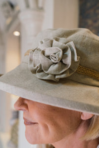 Ladies Durable Linen Feminine Hat Natural Colour Trimmed With a Linen Flower.