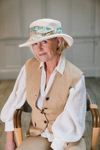 Ladies Wide Cotton Hat with Floral Trim from the V&A Fabric Collection, Limited Edition.