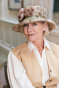 Vintage Fabric Natural & Olive Floral Hat with Silk Flower