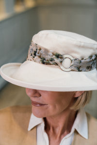 Stylish Cream Cotton Wide Brim Hat with Floral Band Finished a Wooden Buckle Ring.