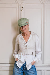 Ladies Green Baker Boy Cap, Trimmed with a Hand Painted Floral Pottery Button