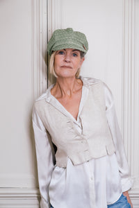 Ladies Green Baker Boy Cap, Trimmed with a Hand Painted Floral Pottery Button