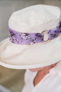 Stylish Cream Cotton Wide Brim Hat with Floral Band Finished a Wooden Buckle Ring.