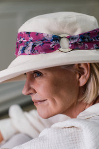 Stylish Cream Cotton Wide Brim Hat with Floral Band Finished a Wooden Buckle Ring.