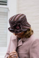 Vintage inspired Cloche Brown Abstracted Patterned Small Brim Hat with hues aubergine