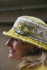 Lime & Grey Chenille Textured Small Boned Brim Hat with Feather Trim.