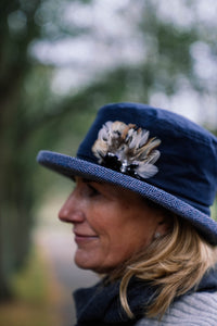 Waxed Cotton Hat with Handmade Feather Trim and Wool Under Brim