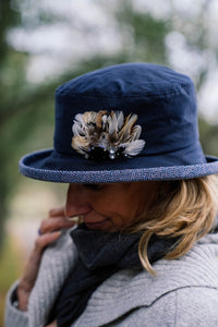 Waxed Cotton Hat with Handmade Feather Trim and Wool Under Brim