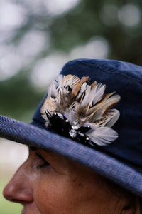 Waxed Cotton Hat with Handmade Feather Trim and Wool Under Brim