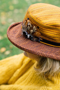 Limited Edition Autumn Woven Chenille Rich Autumn Coloured Hat with Feather Decoration.