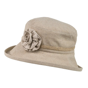 Ladies Durable Linen Feminine Hat Natural Colour Trimmed With a Linen Flower.