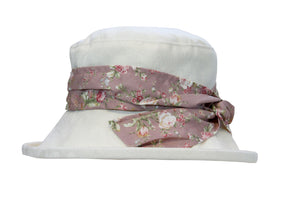 Cream Cotton Boned Hat with Floral Sash