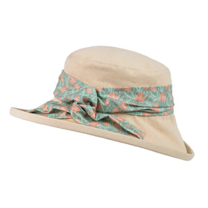 Ladies Wide Cotton Hat with Floral Trim from the V&A Fabric Collection, Limited Edition.