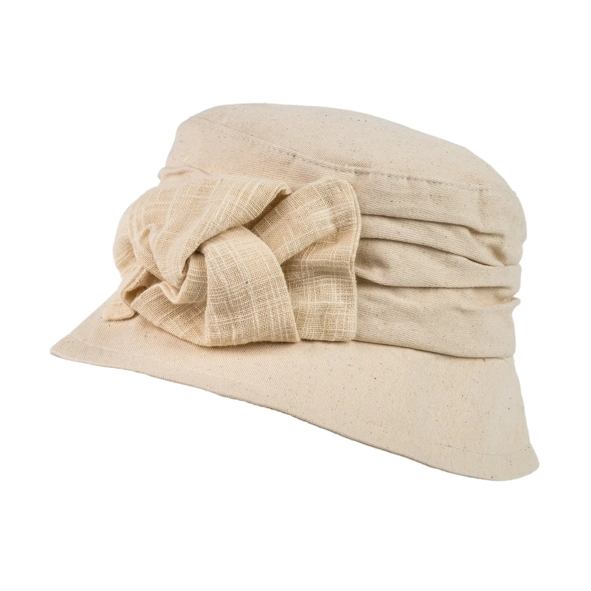 Ladies Small brim Cream Cotton Cloche Hat with Linen Knot