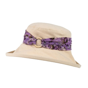 Stylish Cream Cotton Wide Brim Hat with Floral Band Finished a Wooden Buckle Ring.