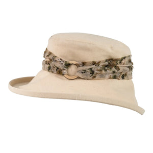 Stylish Cream Cotton Wide Brim Hat with Floral Band Finished a Wooden Buckle Ring.