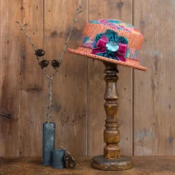 Vintage Coral & Teal Small Boned Brim Hat with Handmade Decoration.