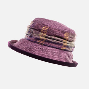 Mulberry & Purple Checked Hat with Purple Velvet Under Brim.