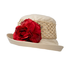 Natural Cotton Hat with bright Red Flower and Trellis Braid Limited Edition.