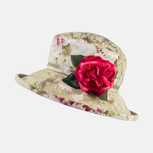 Vintage Fabric Floral Hat with Olive Damask decorated with a Deep pink Flower
