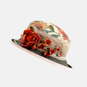 Vintage Fabric Small Boned Brim Hat with Silk Flower