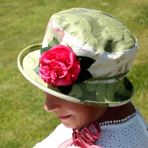 Vintage Fabric Small Boned Brim Hat with Pink Flower