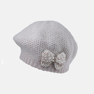 Knitted Beret with Beaded Bow