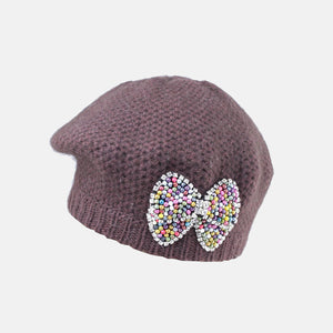 Knitted Beret with Beaded Bow