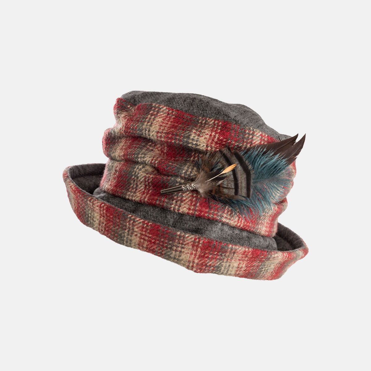 Checked Hat with Boned Brim and Feather Brooch Decoration 