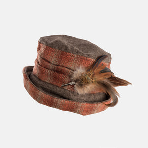 Checked Hat with Boned Brim and Feather Brooch Decoration